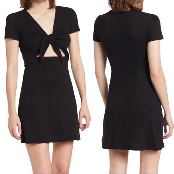 Abound Tie Front Rib Knit Stretch Mini Dress Short Sleeve Cutout Black Large - Picture 1 of 9